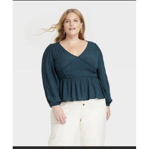 NEW Knox Rose Top Women's 2X Teal Blue Silver Striped V-Neck Peasant‎ Blouse